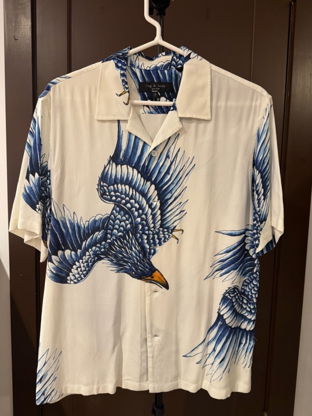 rag & bone Men’s White Short-Sleeve Hawaiian Shirt with Blue Eagle Print